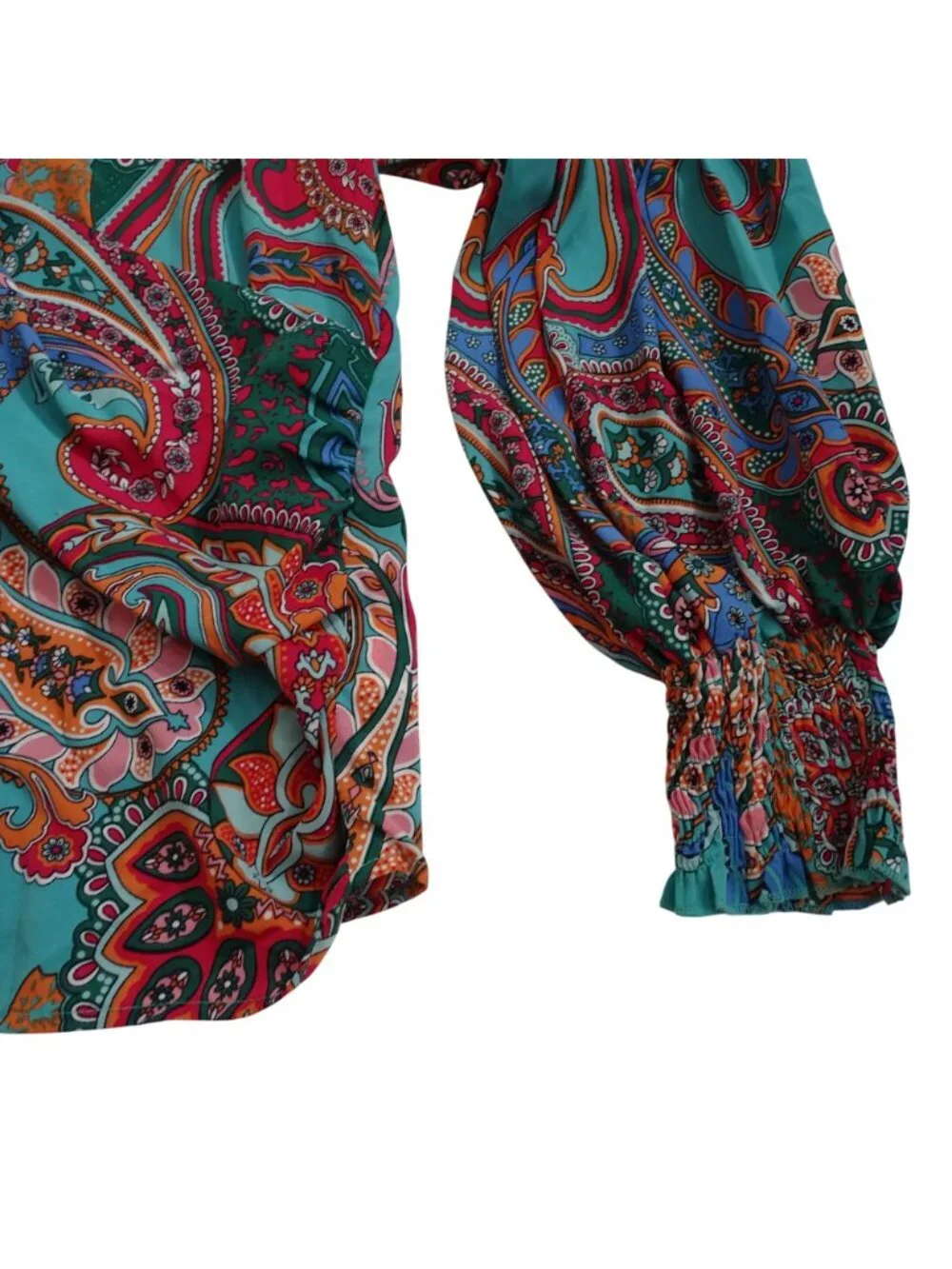 Shein Paisley Long Sleeve Faux Wrap Blouse Women Size M 6 Multicolor Blue Green - Picture 3 of 12